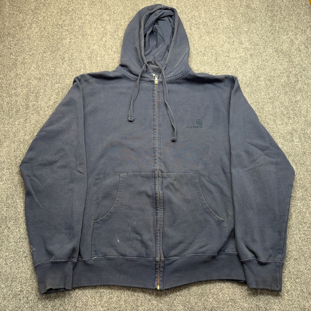 Vtg Carhartt Mens XL Navy Blue Full Zip Hoodie‎ Sweatshirt Workwear Embroidered